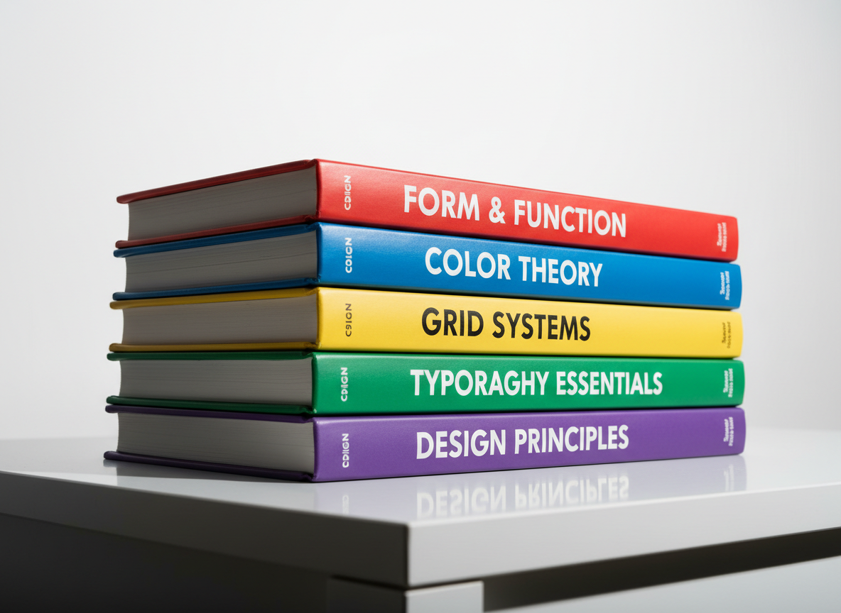 A vibrantly colored stack of hardcover design books—each book featuring bold typography and primary colors—aligned perfectly at the corner of a sleek white desk. The desk floats against a nearly pure white backdrop, illuminated by powerful, studio-grade directional lighting from the left, casting crisp, dramatic shadows along the pages and covers. The composition is cropped tightly from a low, angled perspective to emphasize dimensionality and energy. The mood is dynamic and inspiring, with a minimalist photographic style that aligns with the site’s intent to energize and motivate creative educational design thinking.
