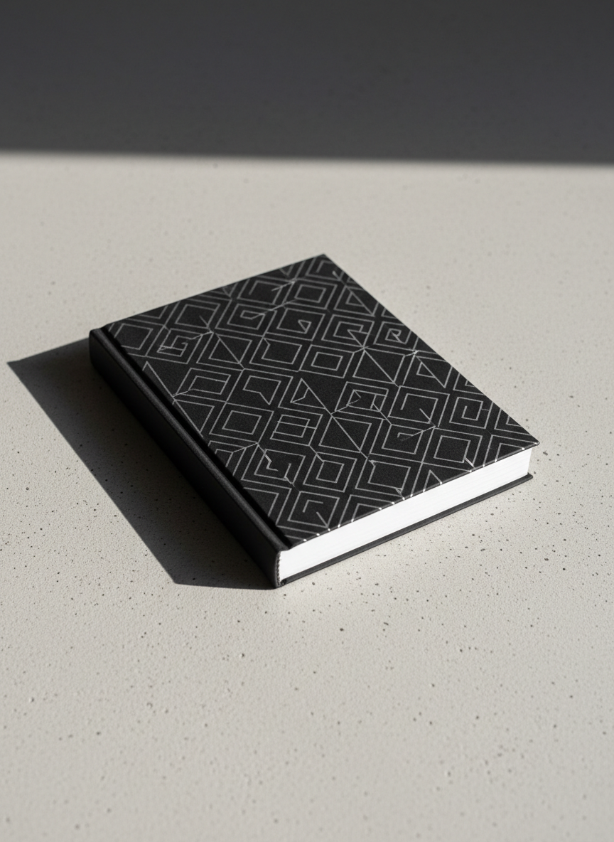 A sleek, matte black hardcover notebook with embossed silver geometric patterns, its cover slightly open to reveal crisp, unmarked pages. The notebook rests on a flawlessly smooth, light-gray concrete surface, isolated from any distractions. Dramatic directional lighting from the right casts bold, precise shadows along the edge of the notebook and hints at the texture of the surface, enhancing the minimalist composition. The scene exudes a bold and creative atmosphere, captured from a slightly elevated angle with sharp focus and uncluttered space, emphasizing photographic realism with a clean, modern design. This image captures the essence of creative potential and design thinking for an education design portfolio.
