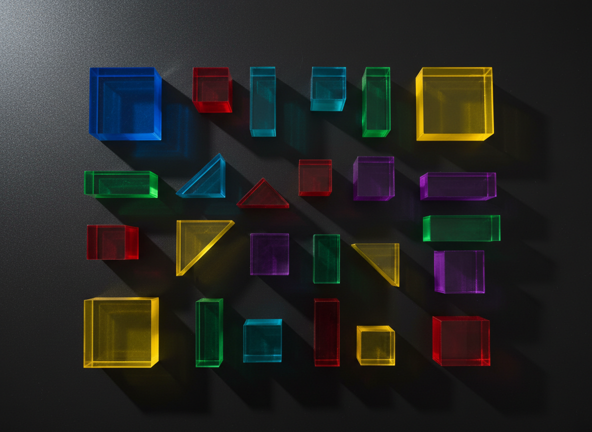 A geometric array of vibrant, translucent colored acrylic tiles and blocks, meticulously arranged in a minimal grid pattern on a perfectly clean, matte black tabletop. Directional overhead lighting creates crisp, high-definition shadows and luminous highlights, making the colors appear to glow with intensity. The rigid, structured grid is photographed from a bird’s eye perspective, capturing every edge and shadow with sharp clarity. The composition is bold, modern, and highly organized, reflecting innovative thinking in design for education. The artistic style is photographic, bold, and uncompromisingly minimalist, perfectly representing the ethos of a cutting-edge education design portfolio.