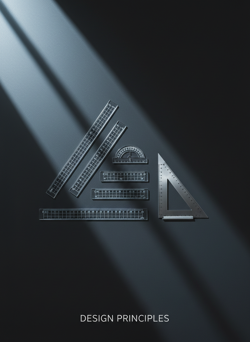 A set of three precision-cut clear acrylic rulers and metallic drafting triangles arranged in a balanced composition atop a charcoal-gray matte drafting desk. The edges of the tools catch sharp, cool lighting from a high angle, creating crisp, defined shadows that cut across the minimalist, textureless background. The reflective surfaces subtly glow against the darkness, producing a visually striking, almost architectural effect. The camera angle is directly overhead for a symmetrical, graphic layout that highlights order and logic, reflecting the bold and analytical personality of an educational design resource. The mood is assertive and focused, perfectly suited for a professional portfolio.