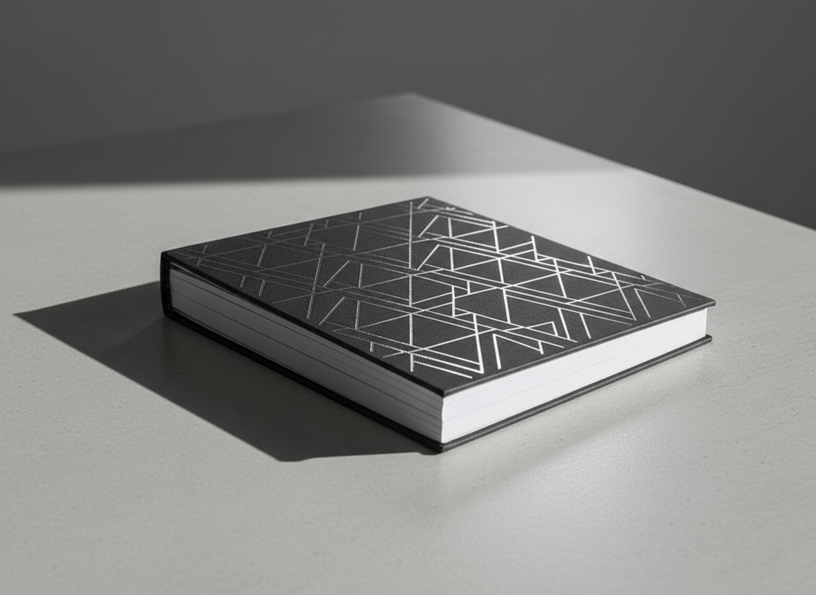 A sleek, matte black hardcover notebook with embossed silver geometric patterns, its cover slightly open to reveal crisp, unmarked pages. The notebook rests on a flawlessly smooth, light-gray concrete surface, isolated from any distractions. Dramatic directional lighting from the right casts bold, precise shadows along the edge of the notebook and hints at the texture of the surface, enhancing the minimalist composition. The scene exudes a bold and creative atmosphere, captured from a slightly elevated angle with sharp focus and uncluttered space, emphasizing photographic realism with a clean, modern design. This image captures the essence of creative potential and design thinking for an education design portfolio.